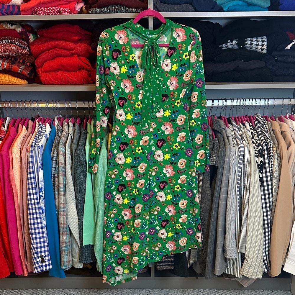 Topshop green/multicolored floral long sleeve front tie v neck dress size 4